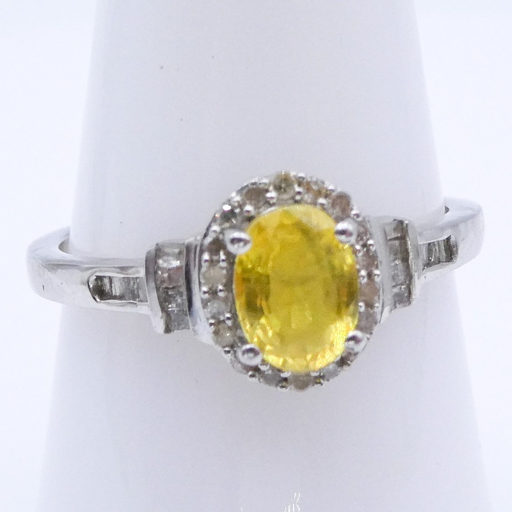 Platinum Sterling Silver Diamond Yellow Sapphire Halo Engagement Ring Sz 9
